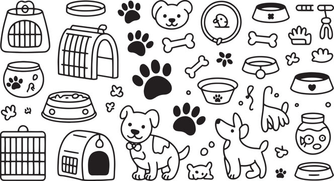Black and white doodle collection of pet care items and animals paw print