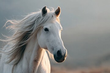 Obraz premium Cute white horse in a misty landscape