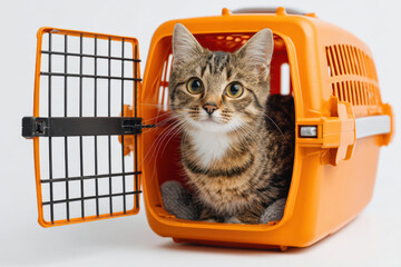 Obraz na płótnie Canvas Tabby cat in orange pet carrier