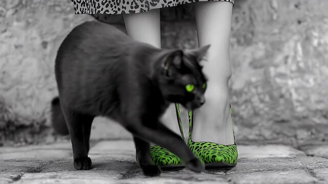 A striking fashion photo features a tall woman in leopard-patterned green shoes, with a black cat wrapped around her leg, highlighting its green eyes