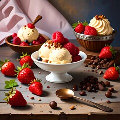 Still life of ice cream and berries