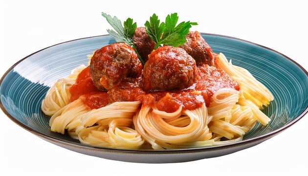 Prato Com Macarrao Ao Molho De Tomates Vermelhos Acompanhado De Almondegas De Carne Bovina Isolado Em Fundo Transparente