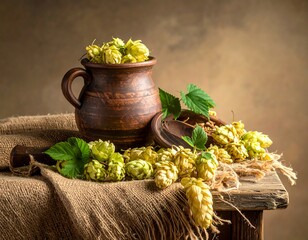 Still life of hops in a rustic terracotta pot