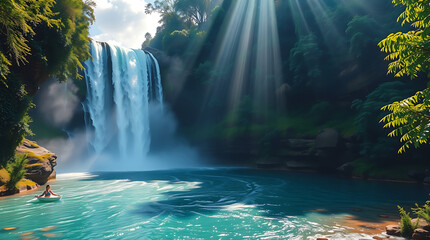 Majestic Jungle Waterfall with Mist and Sun Rays