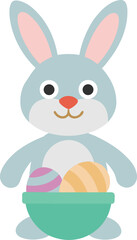 Cute cartoon Easter bunny holding a basket filled with colorful decorated eggs