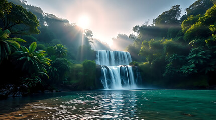Majestic Jungle Waterfall with Mist and Sun Rays
