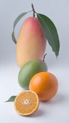 Still life of mango, green fruit, and orange