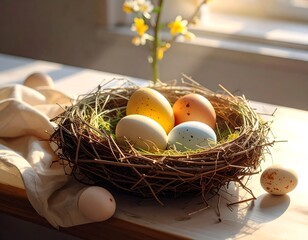 Easter eggs in a nest by a window