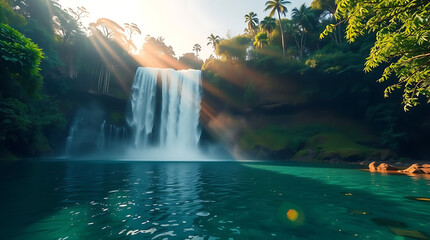 Majestic Jungle Waterfall with Mist and Sun Rays