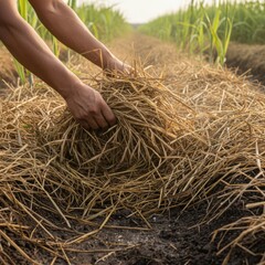 Medium shot of hands spreading straw mulch on sugarcane soil illustrating traditional mulching techniques to maintain humidity and reduce erosion.