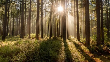 Fototapeta premium sunbeams pierce through towering pine forest canopy
