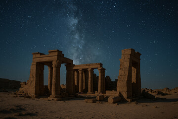 Naklejka premium Ancient Egyptian temple ruins stand majestically under a breathtaking starry night sky, evoking wonder and a sense of timeless history.