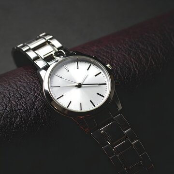 Sleek silver wristwatch on dark leather