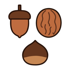 Autumn Nuts Vector Set – Acorn, Walnut, and Chestnut Icons in Flat Style