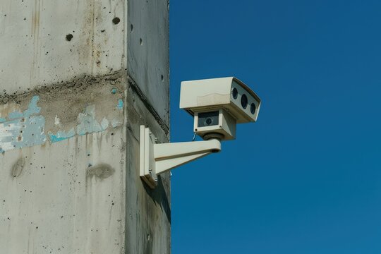 A weathered off-white security camera is mounted on a rough, grey concrete pillar against a vibrant blue sky