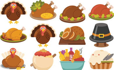 Thanksgiving Turkey & Food Clip Art Pack vector on white background