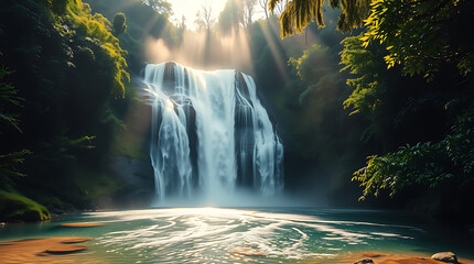 Majestic Jungle Waterfall with Mist and Sun Rays