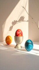 Easter eggs in a teacup, sunlit