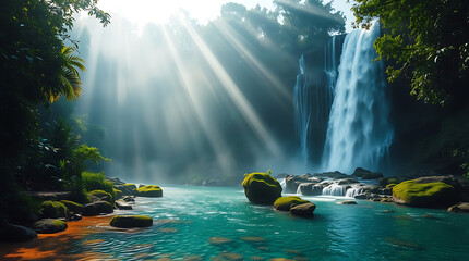 Majestic Jungle Waterfall with Mist and Sun Rays