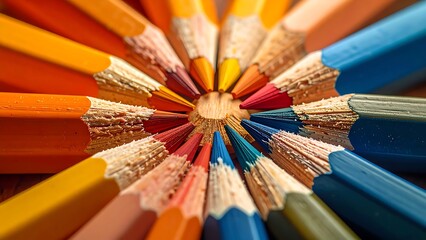 Naklejka premium Brightly colored pencils arranged in a circular pattern design, ideal for school supplies store promotions, educational materials, and artrelated projects.
