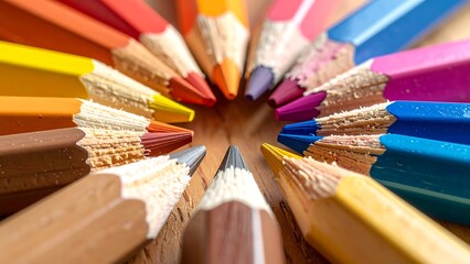 Brightly colored pencil circle on wood. Suitable for art, creativity, education, school supplies, drawing, stationary, and office concepts.
