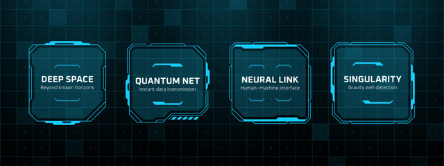 Four futuristic hud elements on a grid background. Heads up display vector graphics for advanced technology. © marruu
