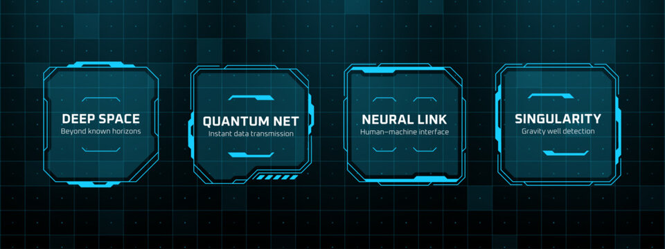 Four futuristic hud elements on a grid background. Heads up display vector graphics for advanced technology.