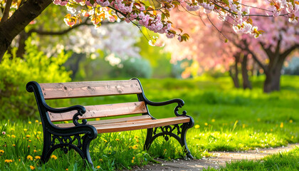 Spring park scene with ornate bench, blooming cherry blossoms, red tulips, and lush greenery.