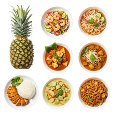 Assortment of Thai Food in White Plates. Pineapple, Chicken, Curry, Noodles, Shrimp. Cuisine, Traditional Dishes. Restaurant Menu. Culinary, Delicious, Asian Taste Isolated