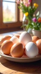 Easter eggs on a plate, sunlight through window