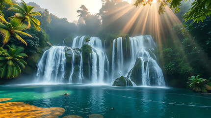 Majestic Jungle Waterfall with Mist and Sun Rays