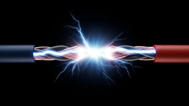 Dramatic electrical arc ignites between exposed copper wires creating a powerful energy surge on black background