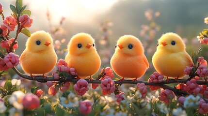 Four cute chicks on blossoms