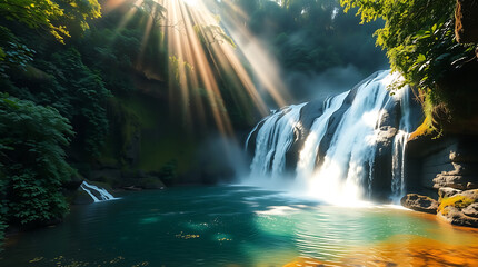 Majestic Jungle Waterfall with Mist and Sun Rays