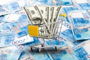 Money banknotes in a trolley shopping cart