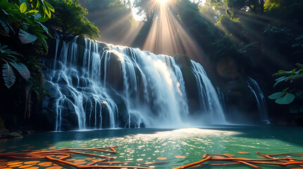 Majestic Jungle Waterfall with Mist and Sun Rays