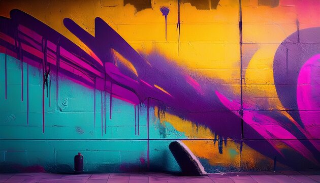 graffiti art with neon purple aqua yellow on textured wall urban 90s y2k aesthetic vibrant street style posters digital art creative banner modern 2000s visuals