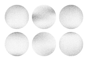 Six black stipple dots circles. Noise grain vector texture design. Halftone stippling effect for background.