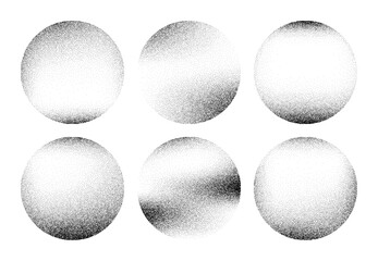 Six black dot gradient circles on a white background. Abstract graphic design element set with stipple effect. Noise texture.