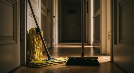 Cleaning tools in hallway mop and broom on wooden floor