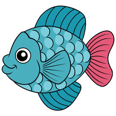 Friendly cartoon fish with blue scales and pink fin
