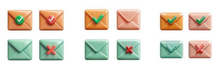 Set of 3d envelope icons with check mark and cross mark isolated on transparent background, perfect for email and message designs