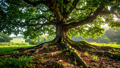 Majestic tree with sprawling roots and sunlit canopy in lush green landscape with dappled light and shadows.