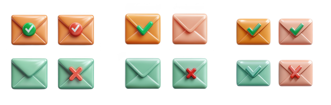 Set of 3d envelope icons with check mark and cross mark isolated on transparent background, perfect for email and message designs
