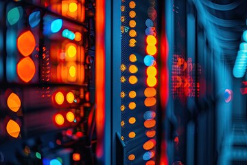 Abstract close-up of glowing server components in a data center, showcasing vibrant colors and blurred background details