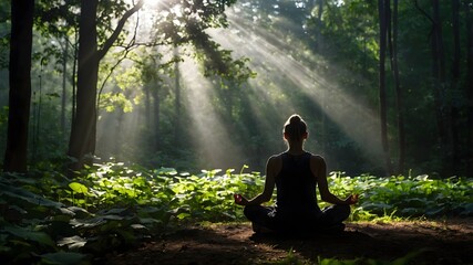 Mujer meditando en un bosque iluminado por rayos de sol al amanecer, escena tranquila y espiritual rodeada de naturaleza verde y frondosa