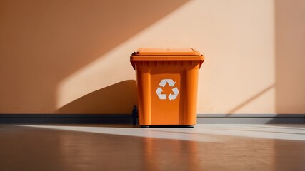 Contenedor naranja de reciclaje en interior con luz natural y fondo minimalista