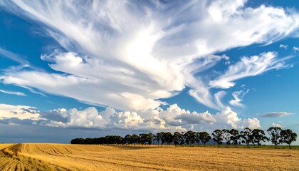A vast, golden field transitions to a line of trees under a striking sky of swirling, textured white clouds