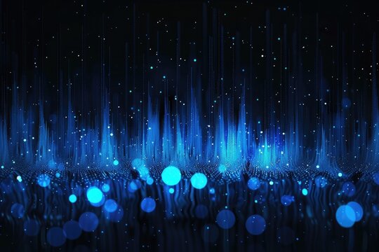 Abstract digital art depicting a dark background with vibrant blue vertical lines of light, resembling energy or data streams, culminating in a textured base of glowing blue circles and sparkles