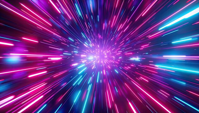 Abstract digital artwork depicting a vibrant, high-speed light tunnel effect with pink and blue neon streaks converging towards a bright center - Powered by Adobe